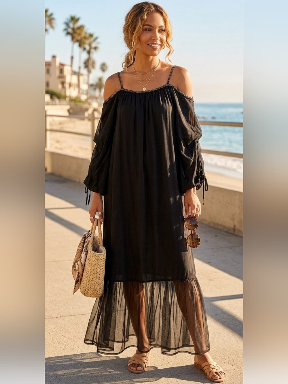 Love X Design Black Cold-Shoulder Maxi Dress with Sheer Hem